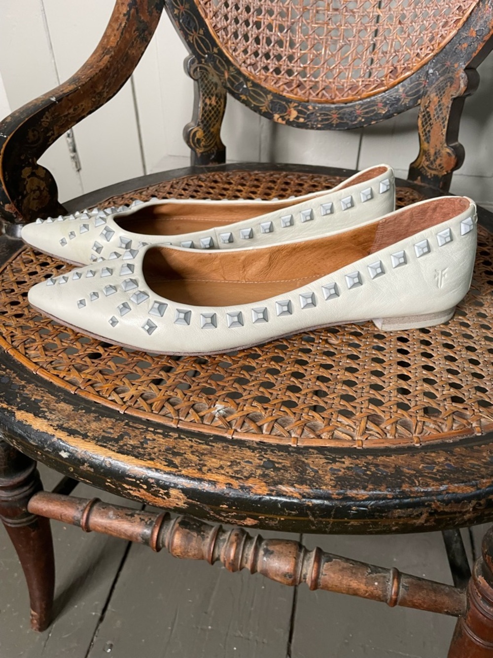 Frye Ivory Leather Pointed-Toe Studded Flats